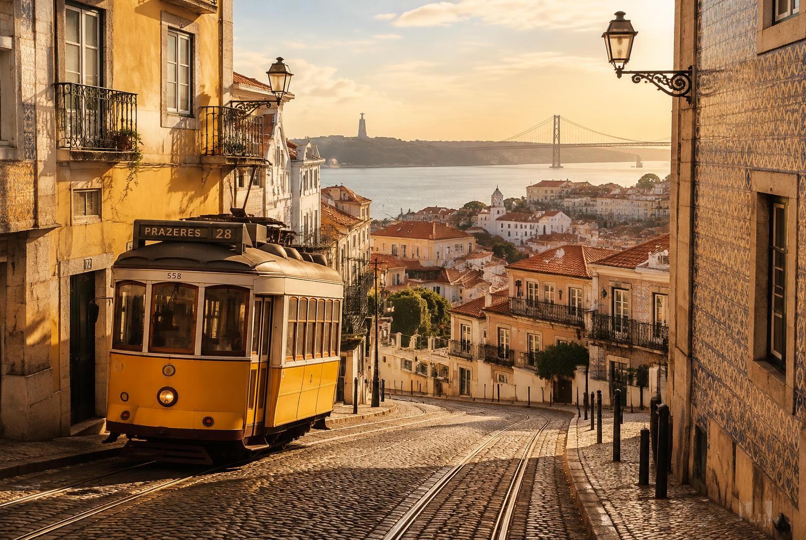 A yellow tram on a sunlit street in Lisbon, with the river in the distance